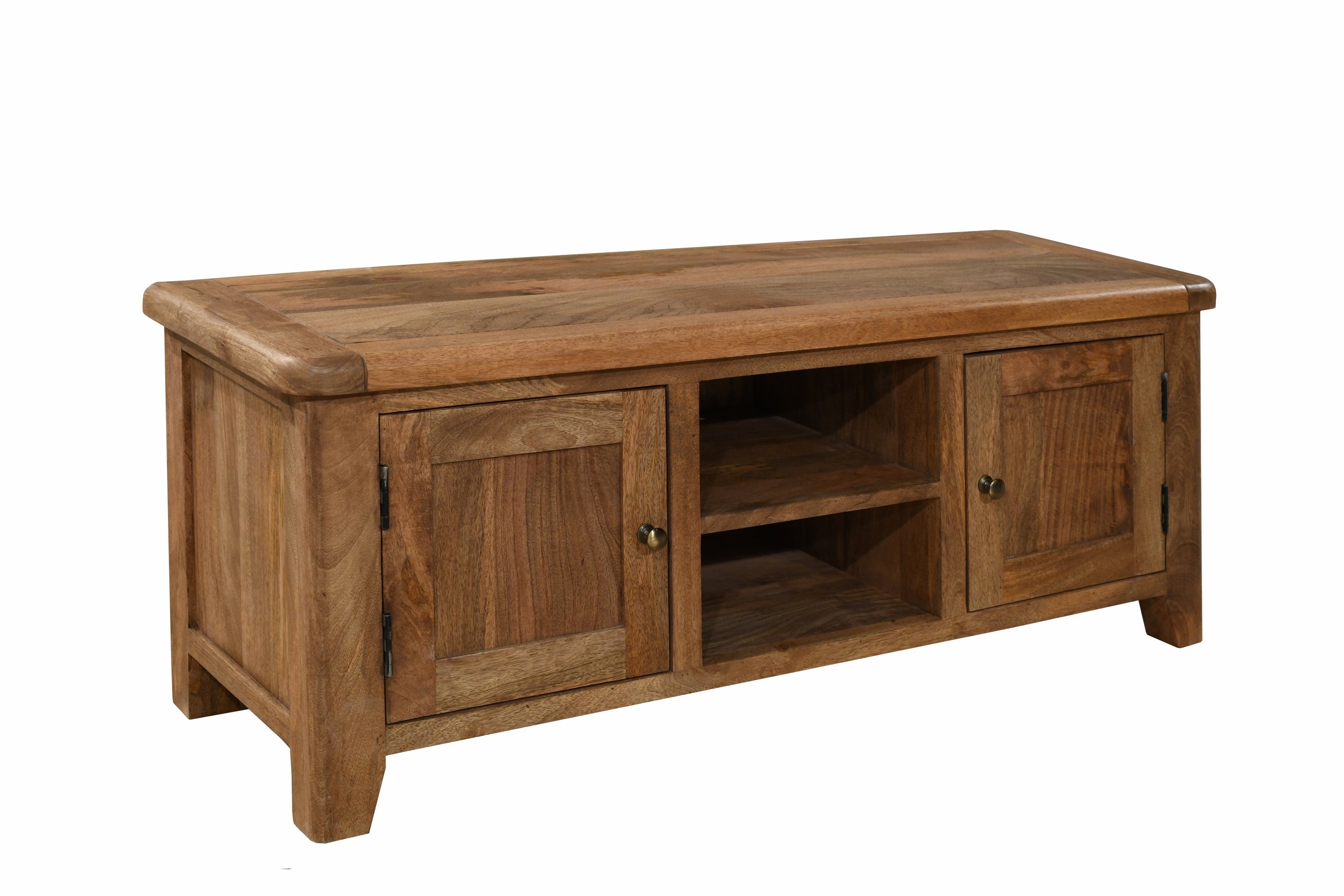 Large, solid wood TV stand from our Dorset Furniture Collection with two doors and a shelf on a white background | A Quirky Corner Banbury