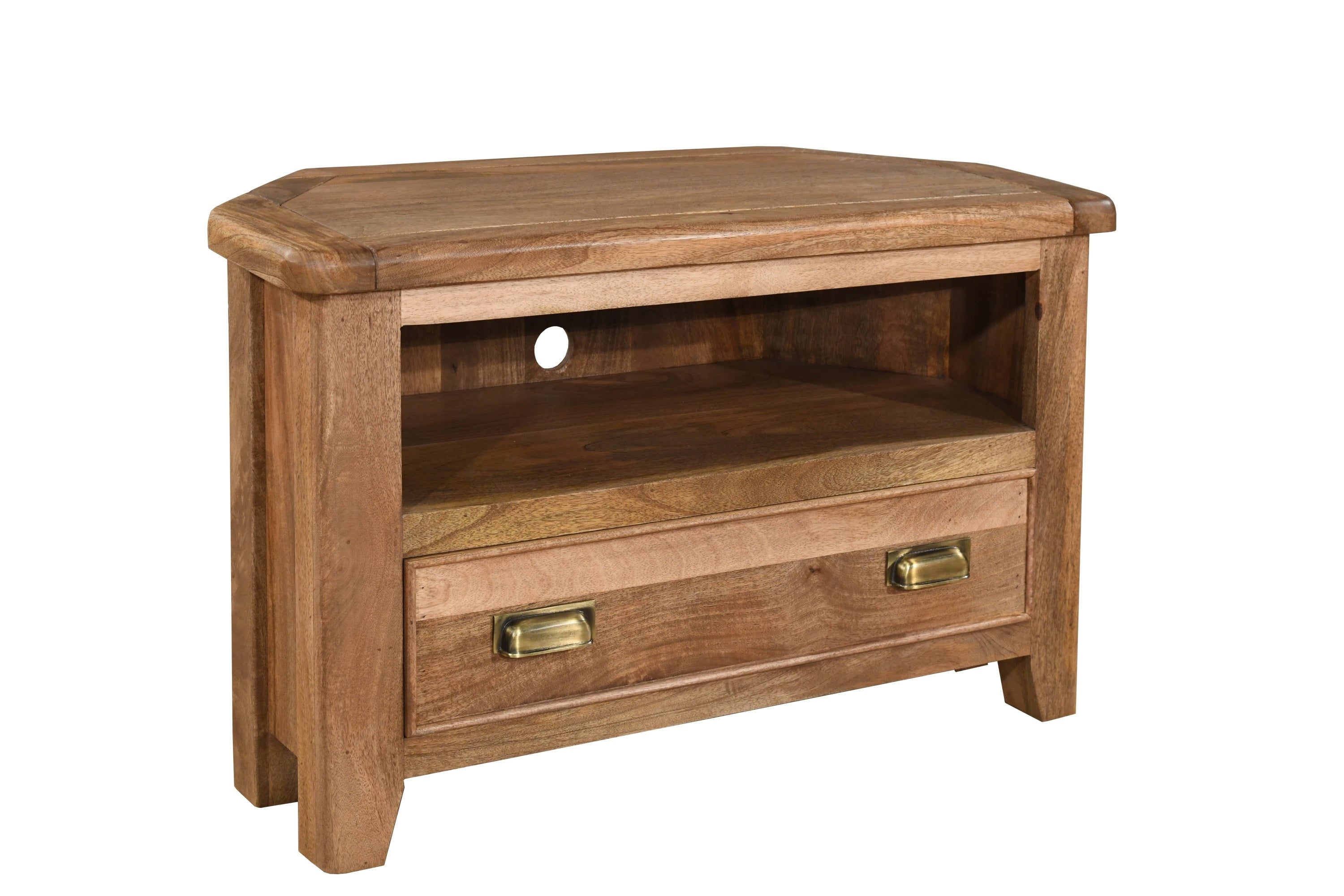 Solid Wood Corner TV stand with a single drawer on a white background from our Dorset Furniture Collection
