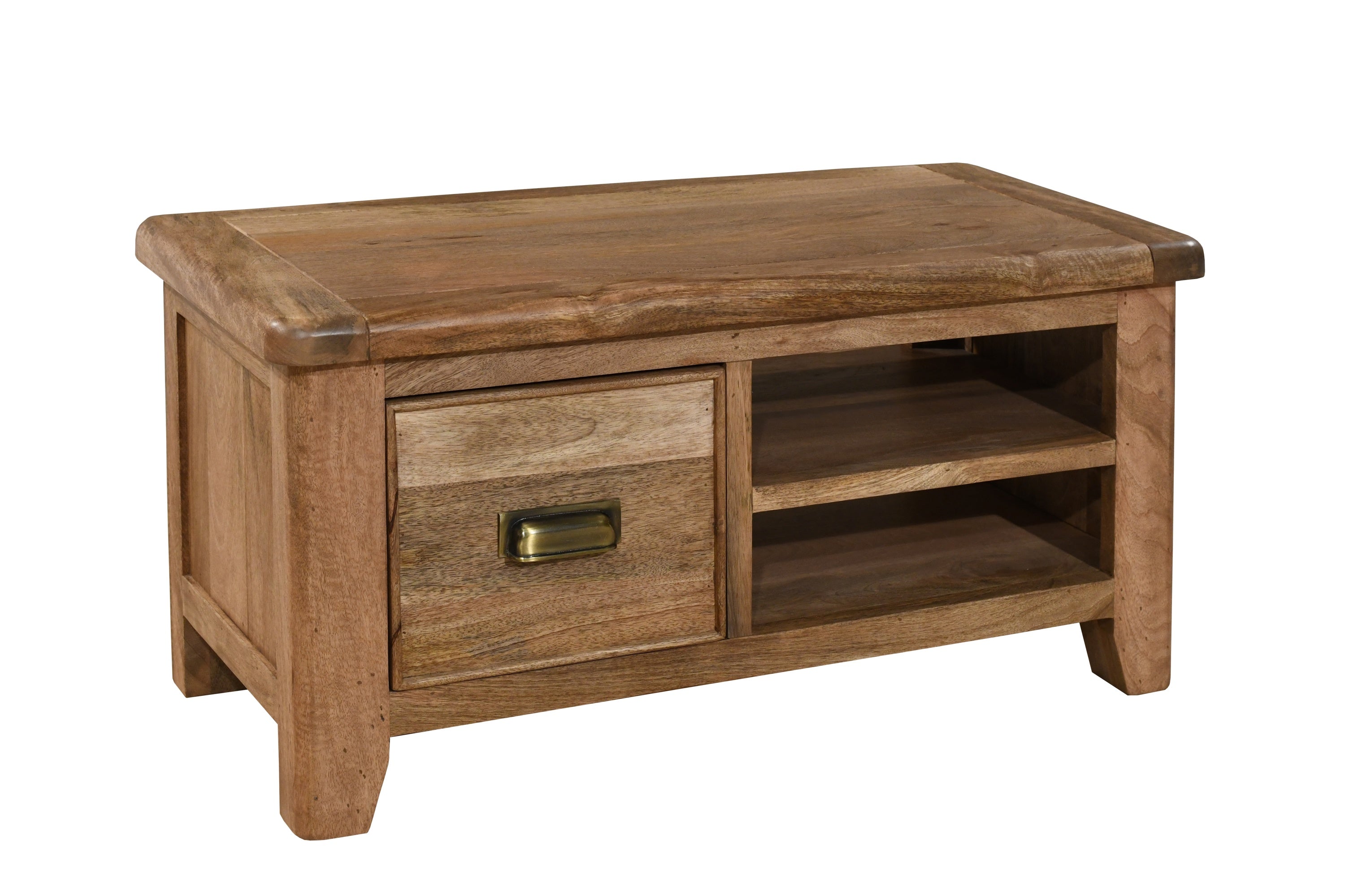 Solid wood TV stand with a drawer and shelves on a white background from our Dorset Furniture Collection | A Quirky Corner Banbury