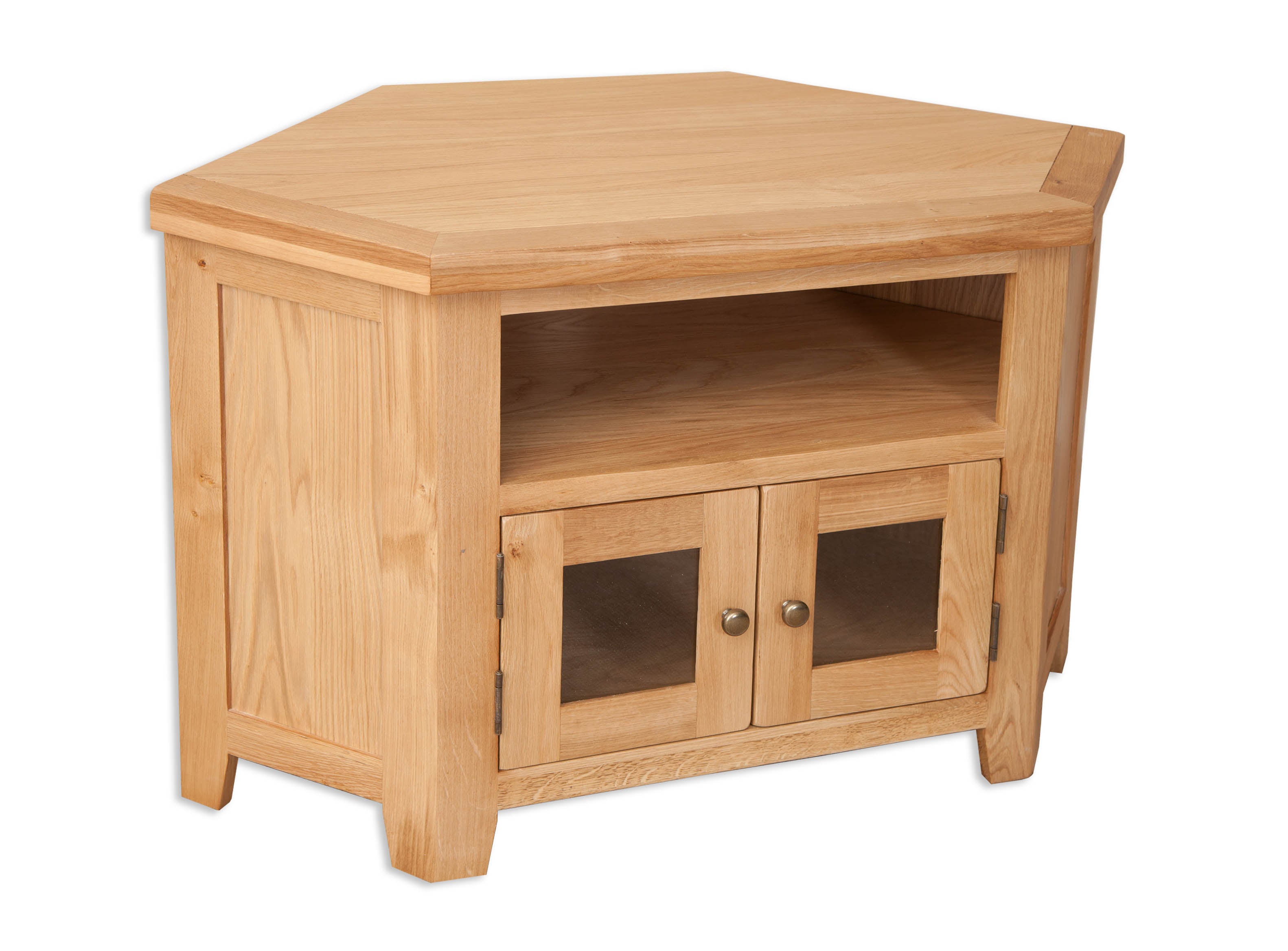 Melbourne Natural Oak corner TV stand with glass doors on a white background. Available from A Quirky Corner Banbury