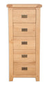 Melbourne Natural Oak 5 Drawer Tall Chest on white background. Available from A Quirky Corner Banbury