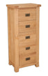 Melbourne Natural Oak 5 Drawer Tall Chest on white background. Available from A Quirky Corner Banbury