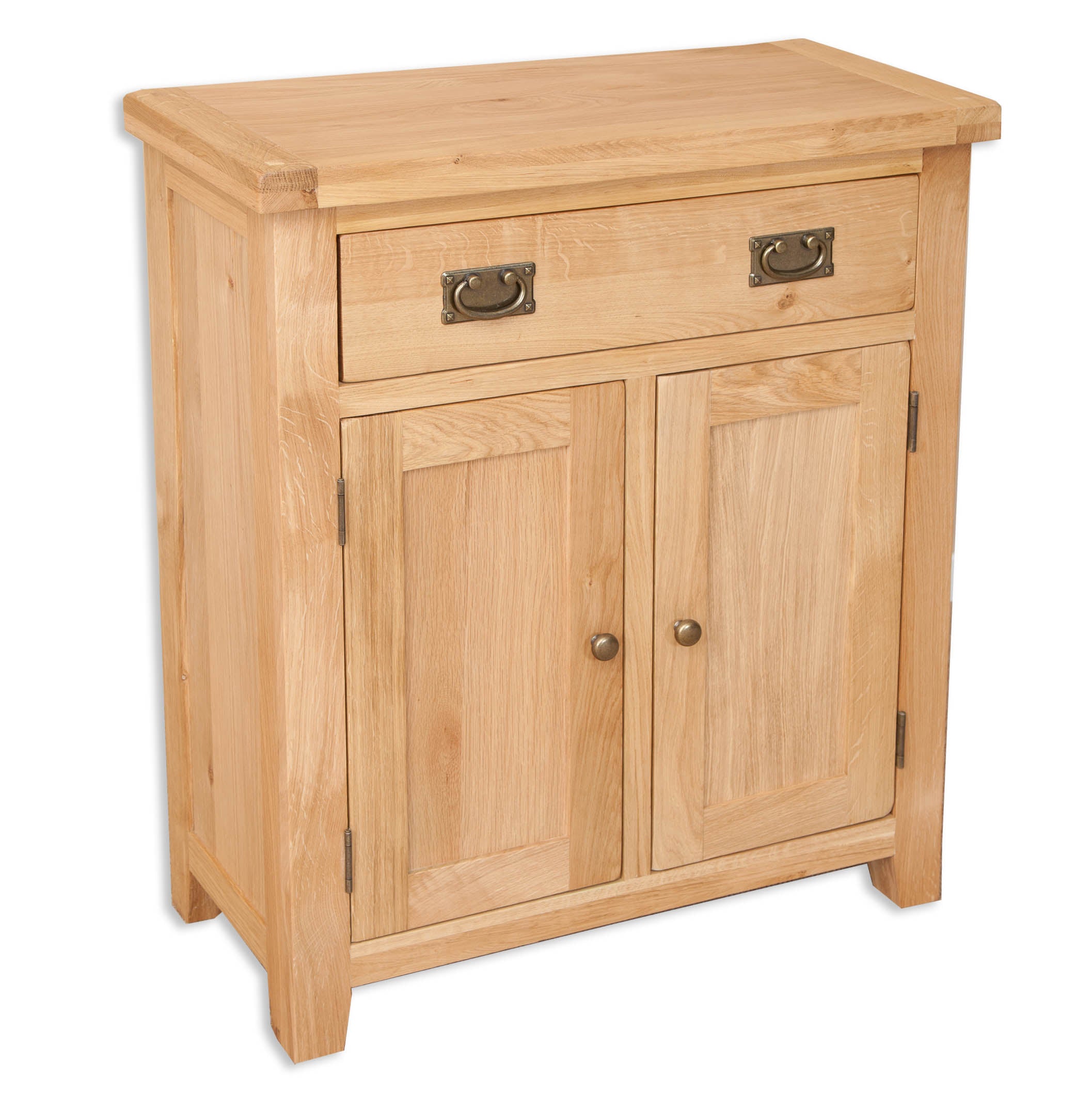 Melbourne Natural Oak Hall Cabinet with a drawer and two doors on a white background. Available from A Quirky Corner Banbury.