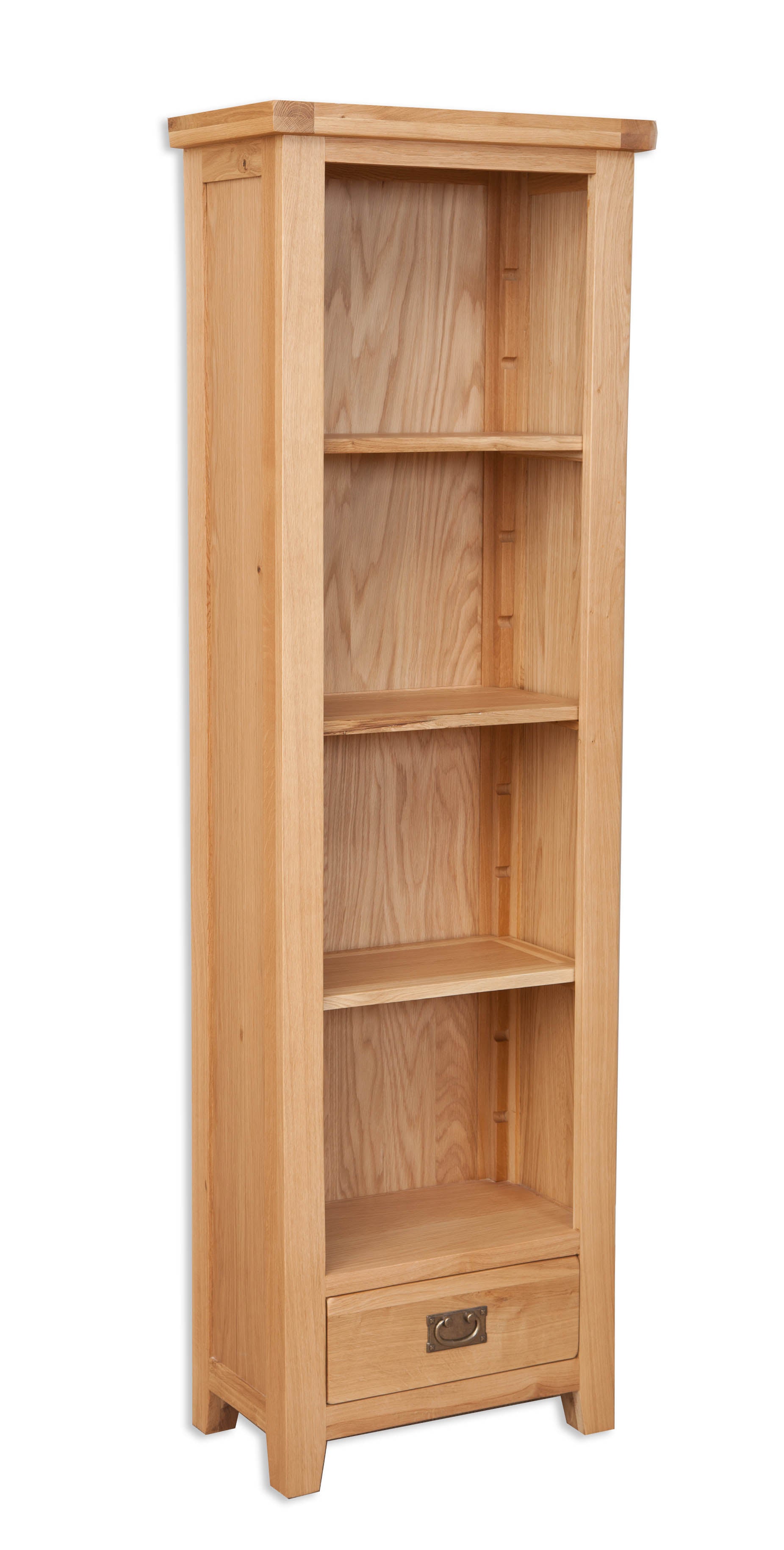 Slim bookshelf with a drawer on a white background. Available from A Quirky Corner Banbury