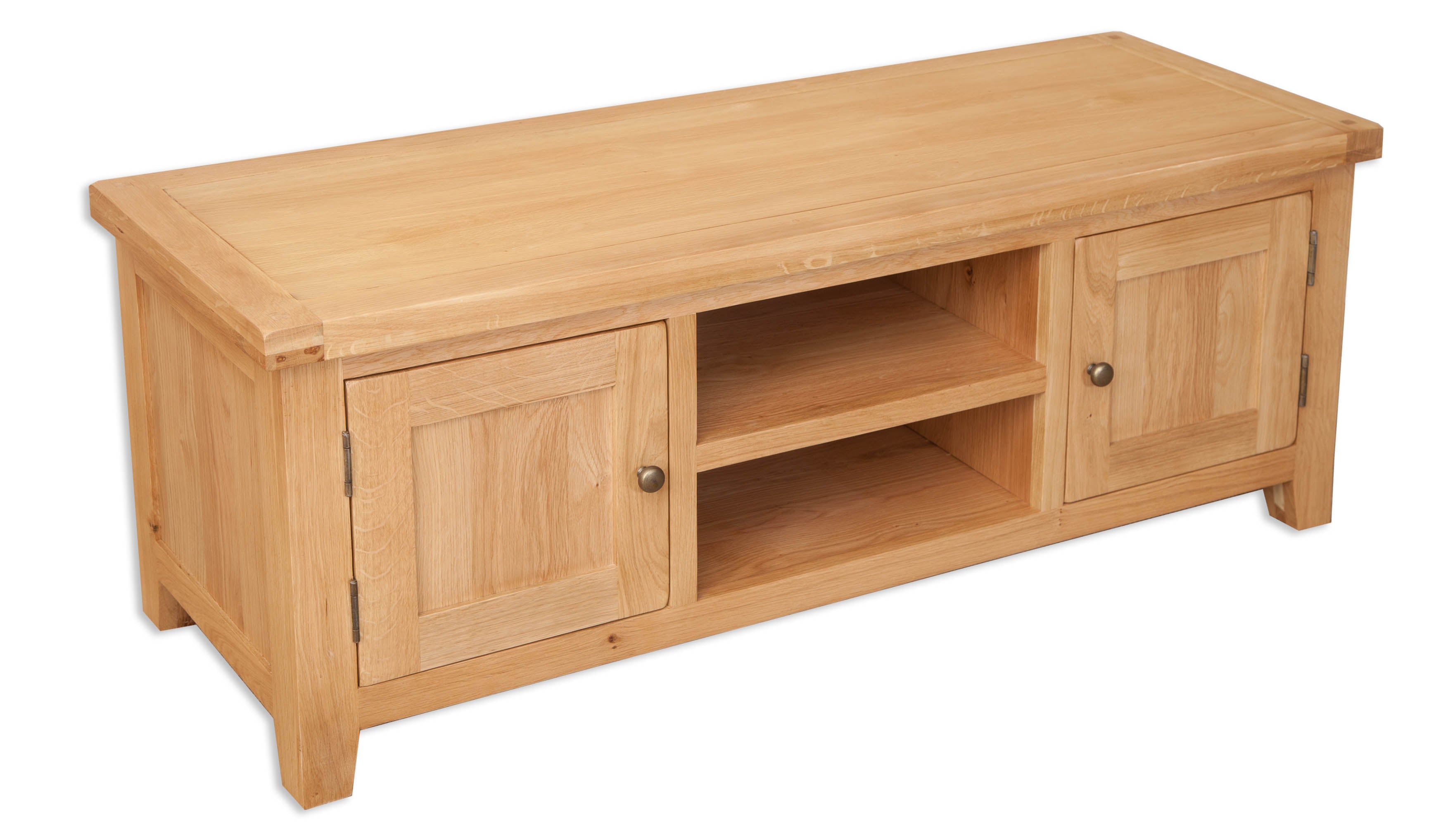Melbourne Natural Oak TV stand with two doors and an open shelf on a white background. Available from A Quirky Corner, Banbury.