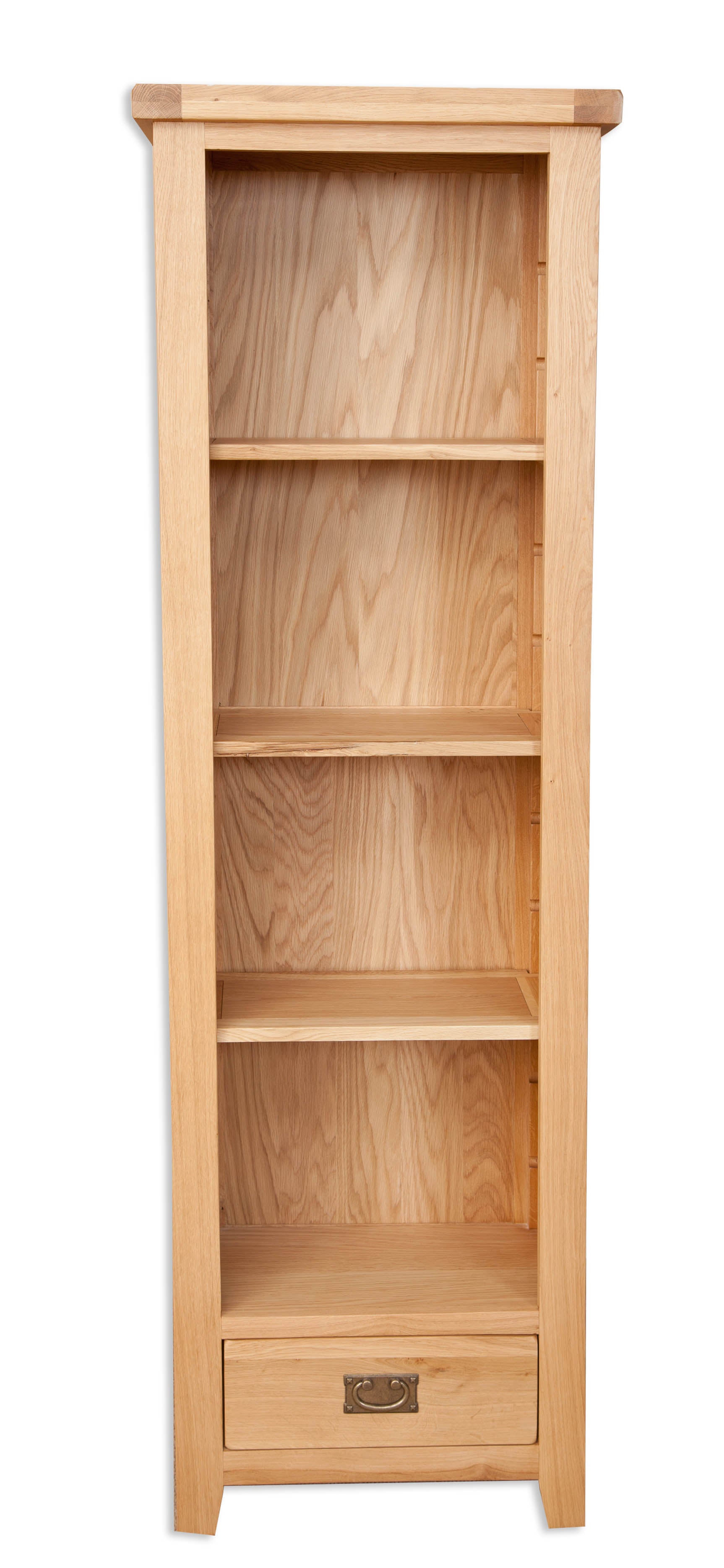 Melbourne Natural Oak slim bookshelf with a drawer on a white background. Available from A Quirky Corner Banbury