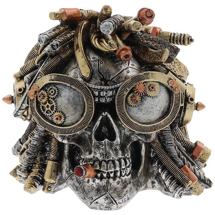 Steampunk-style Rasta skull with mechanical dreadlocks on a white background - Man Cave Decor from A Quirky Corner Banbury