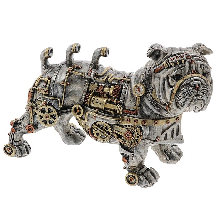 Steampunk-style bulldog figurine with mechanical components on a white background - Man Cave Decor from A Quirky Corner Banbury