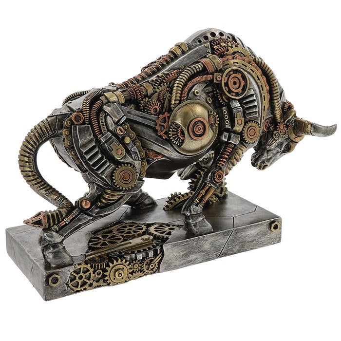 Steampunk bull sculpture with mechanical components on a white background - Man Cave Decor from A Quirky Corner Banbury