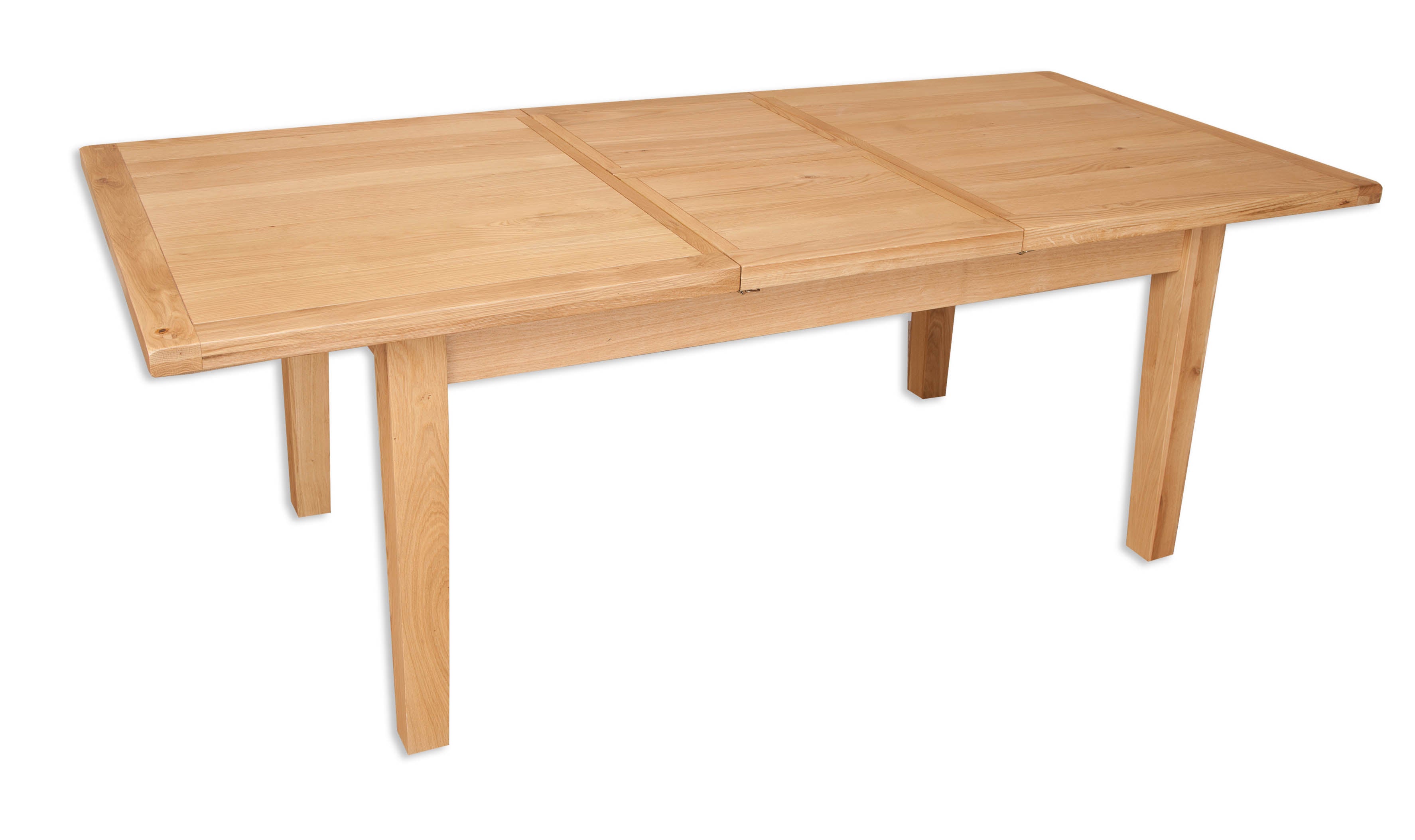 Melbourne Natural Oak dining table with two extendable leaves on a white background. Available from A Quirky Corner Banbury.