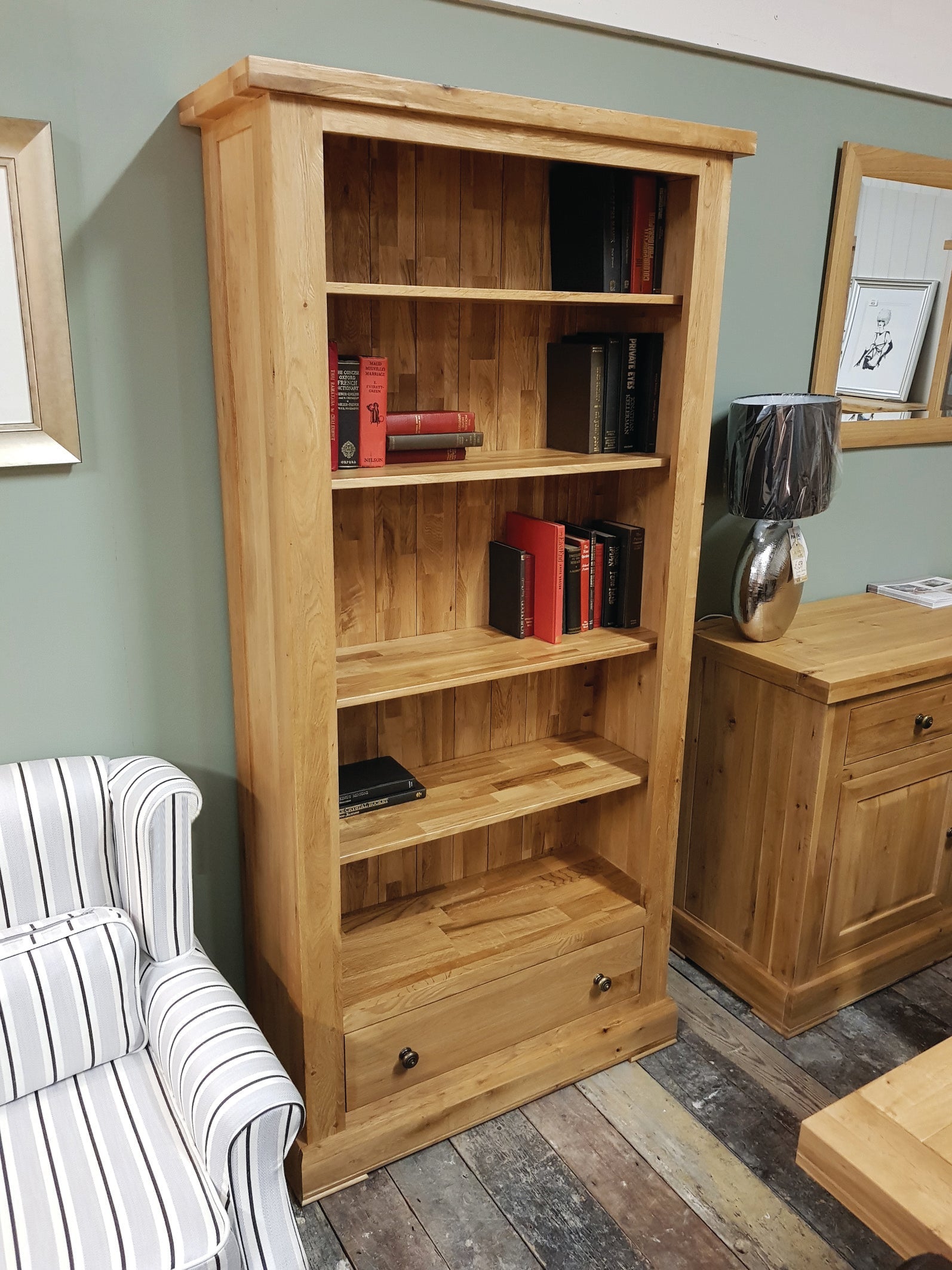 Wessex Oak Tall Wide Bookcase with Drawer | A Touch of Furniture Oxfordshire