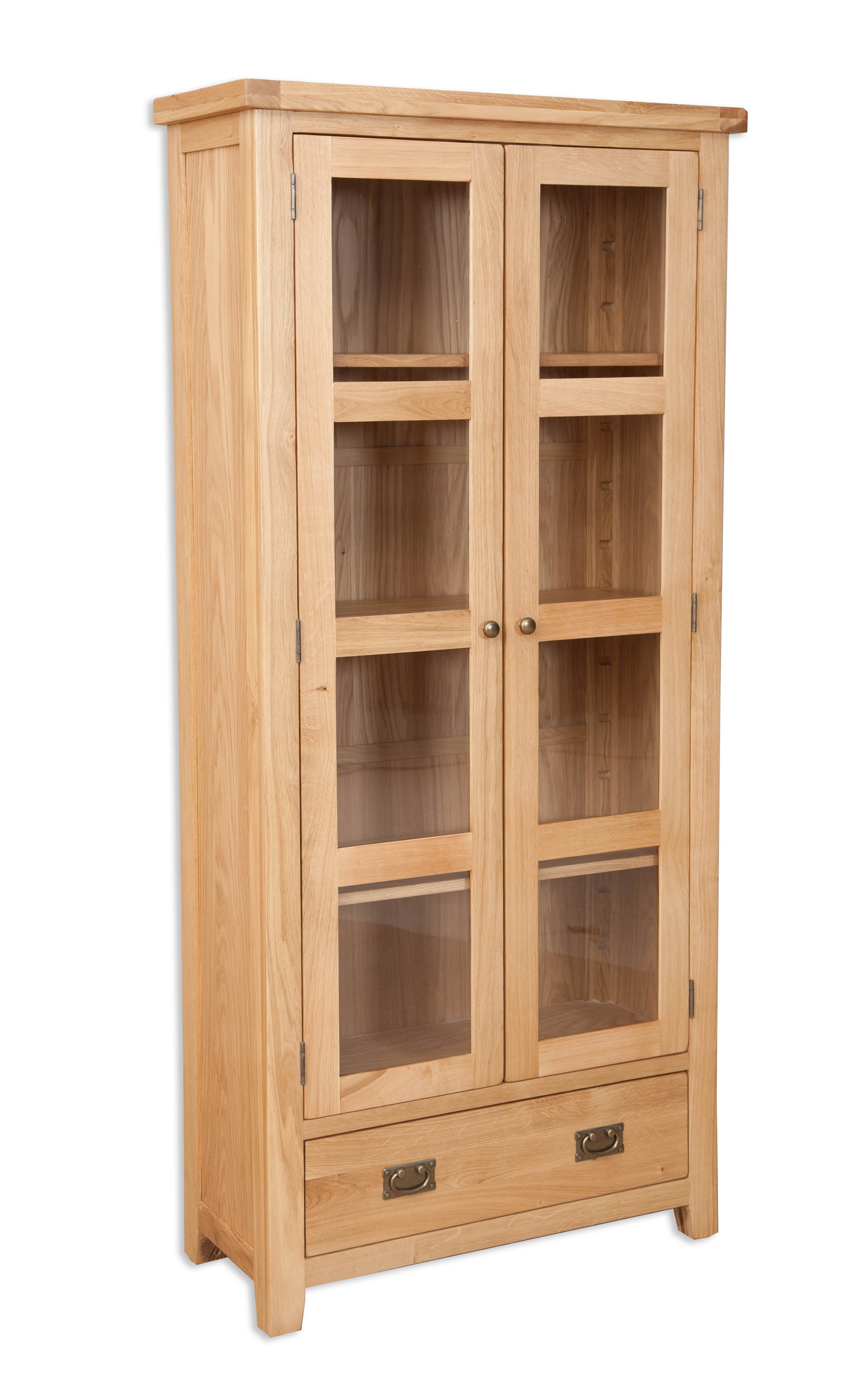 Melbourne Natural Oak tall display cabinet with glass doors on a white background. Available from A Quirky Corner, Banbury.