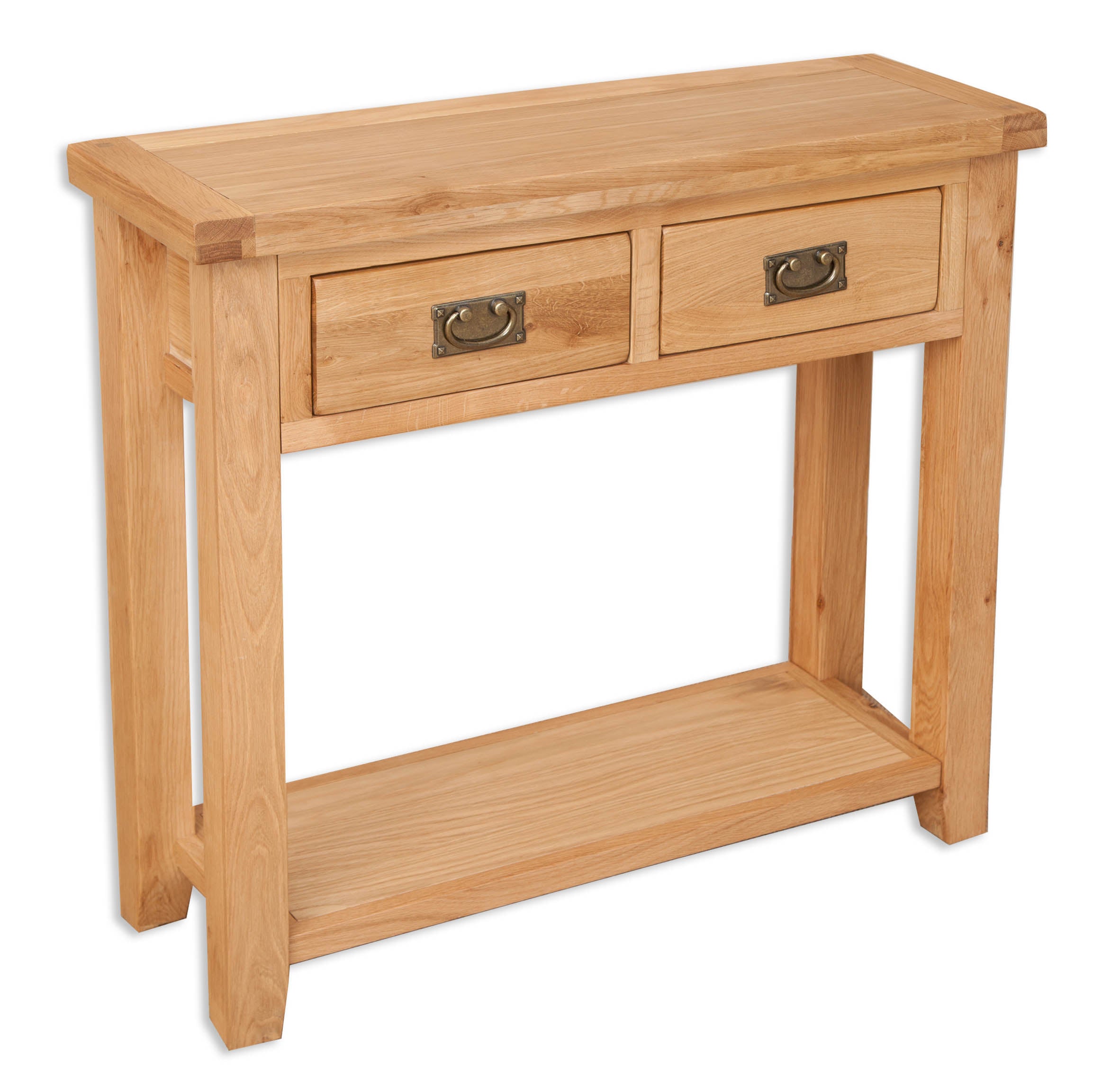 Melbourne Natural Oak console table with two drawers on a white background. Available from A Quirky Corner Banbury.