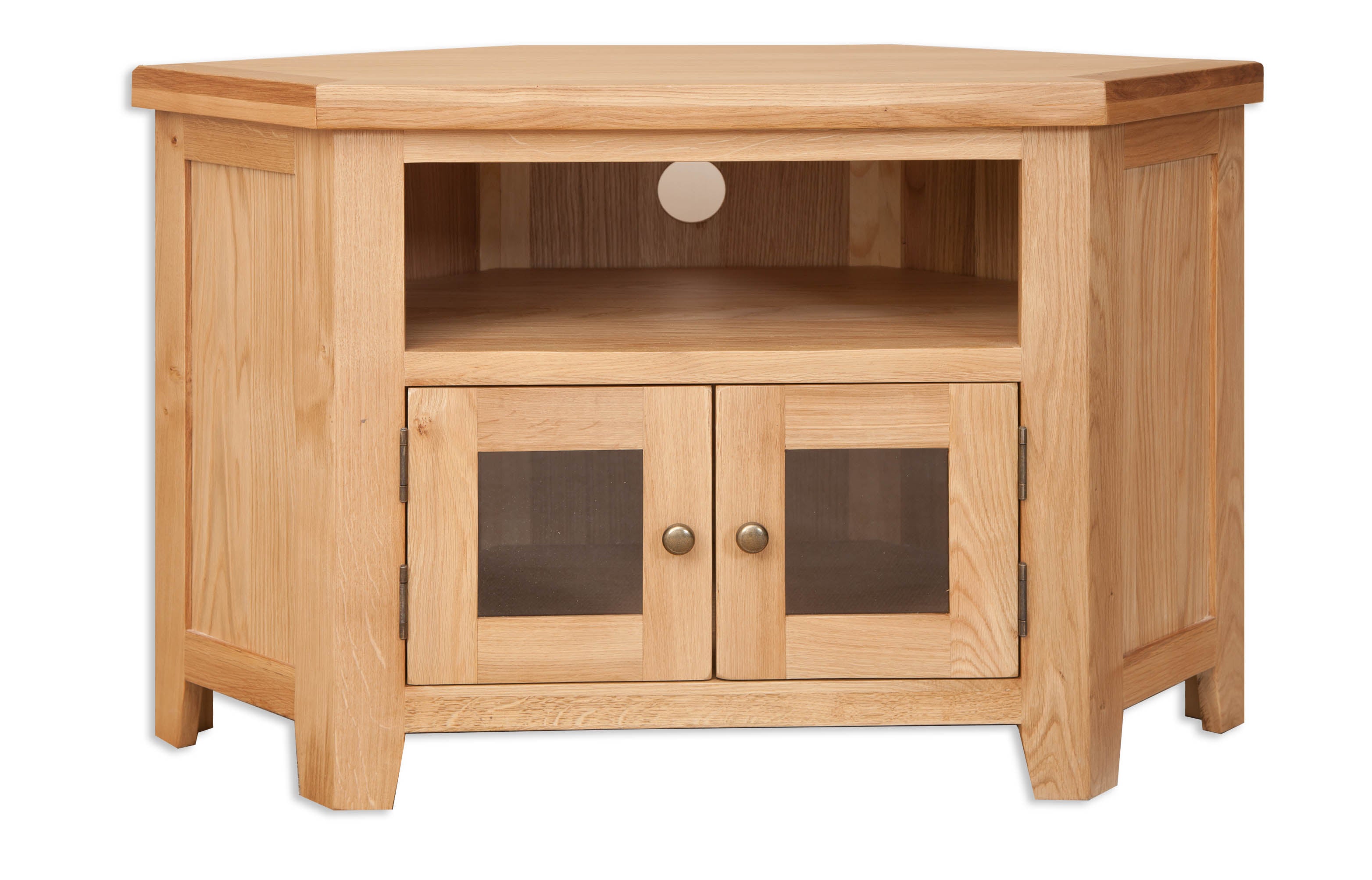 Melbourne Natural Oak corner TV stand with glass doors on a white background. Available from A Quirky Corner Banbury