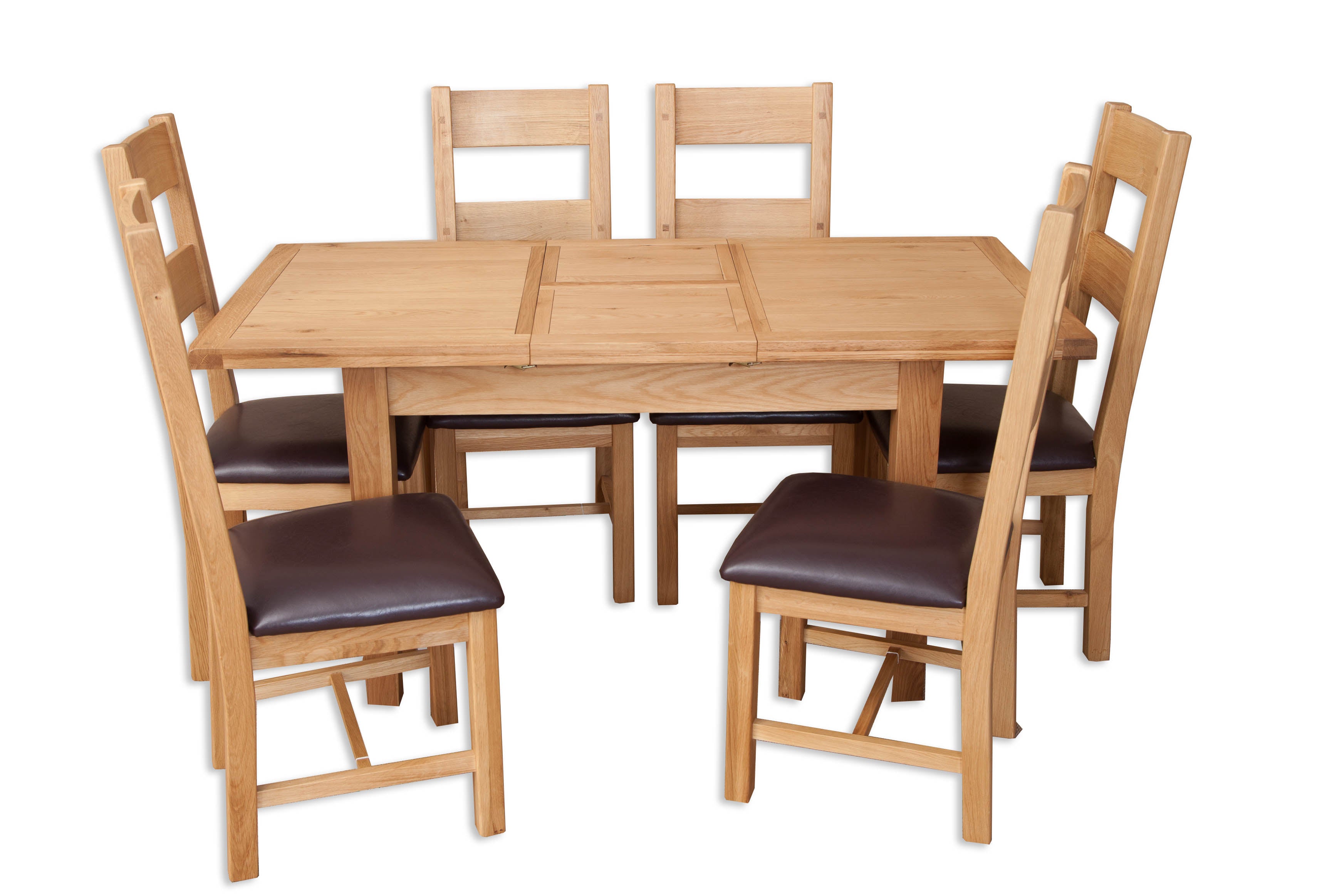 Melbourne Natural Oak 1.2m - 1.6m extending dining table with six matching chairs on a white background. Available from A Quirky Corner Banbury