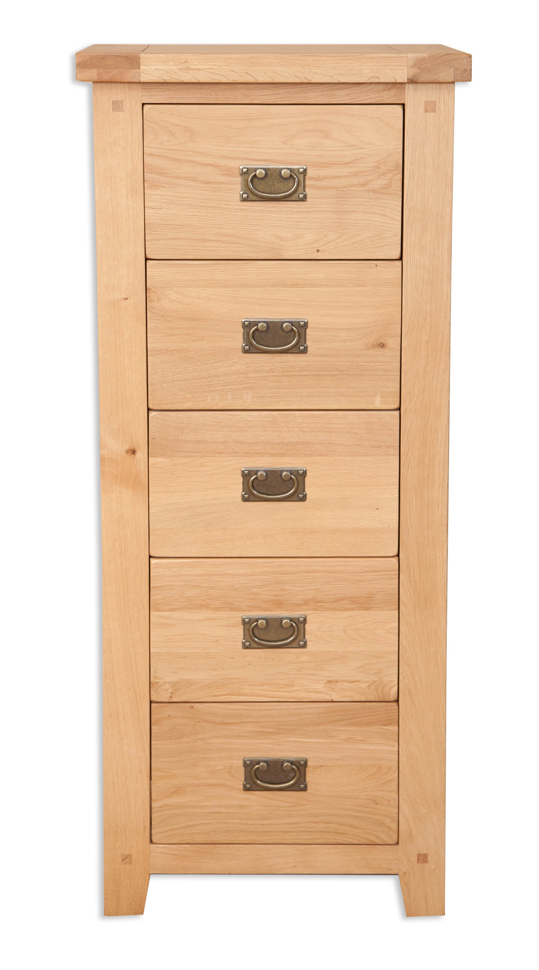 Melbourne Natural Oak 5 Drawer Tall Chest on white background. Available from A Quirky Corner Banbury