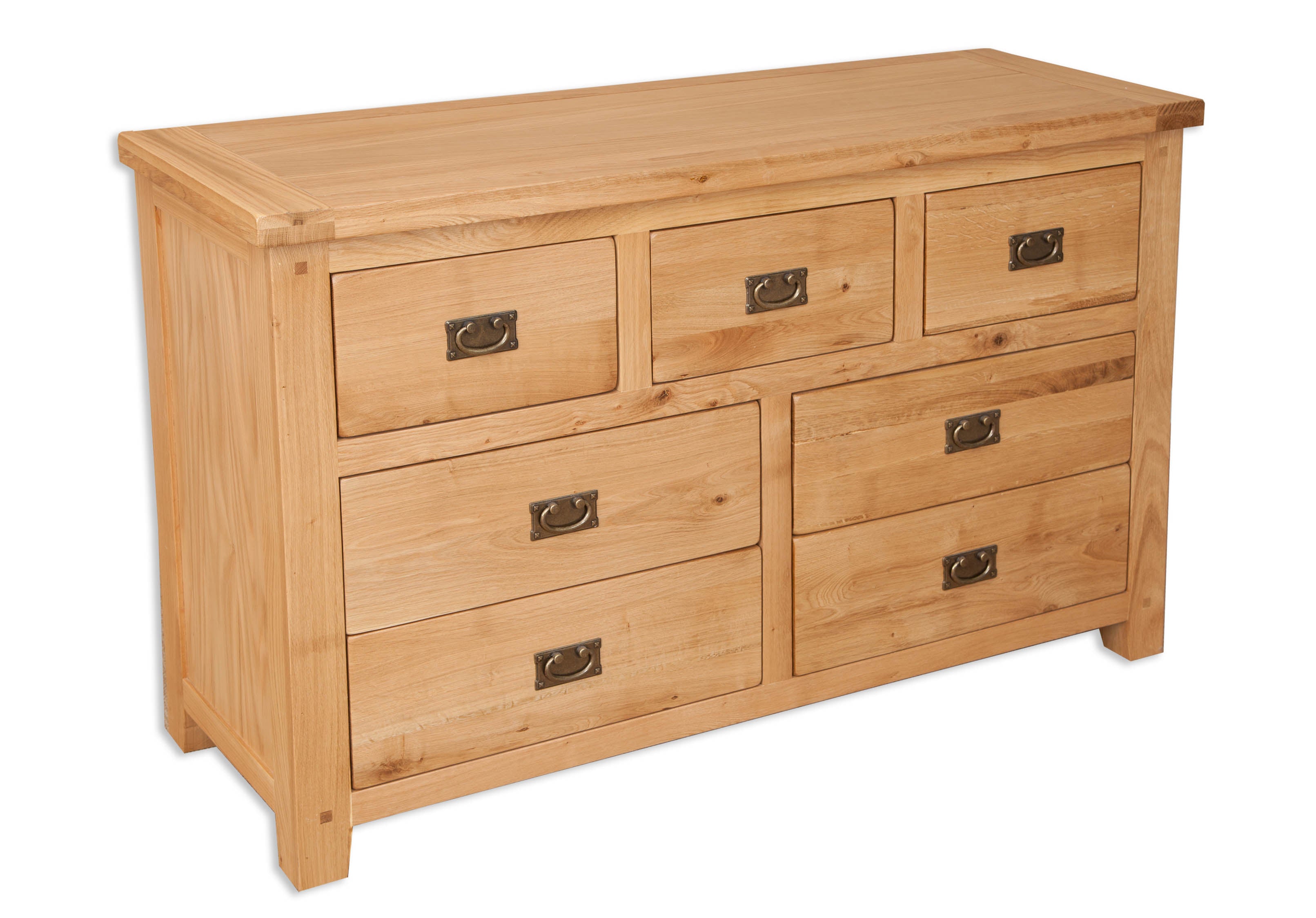Melbourne Natural Oak 7-drawer wide chest on a white background. Available from A Quirky Corner Banbury.