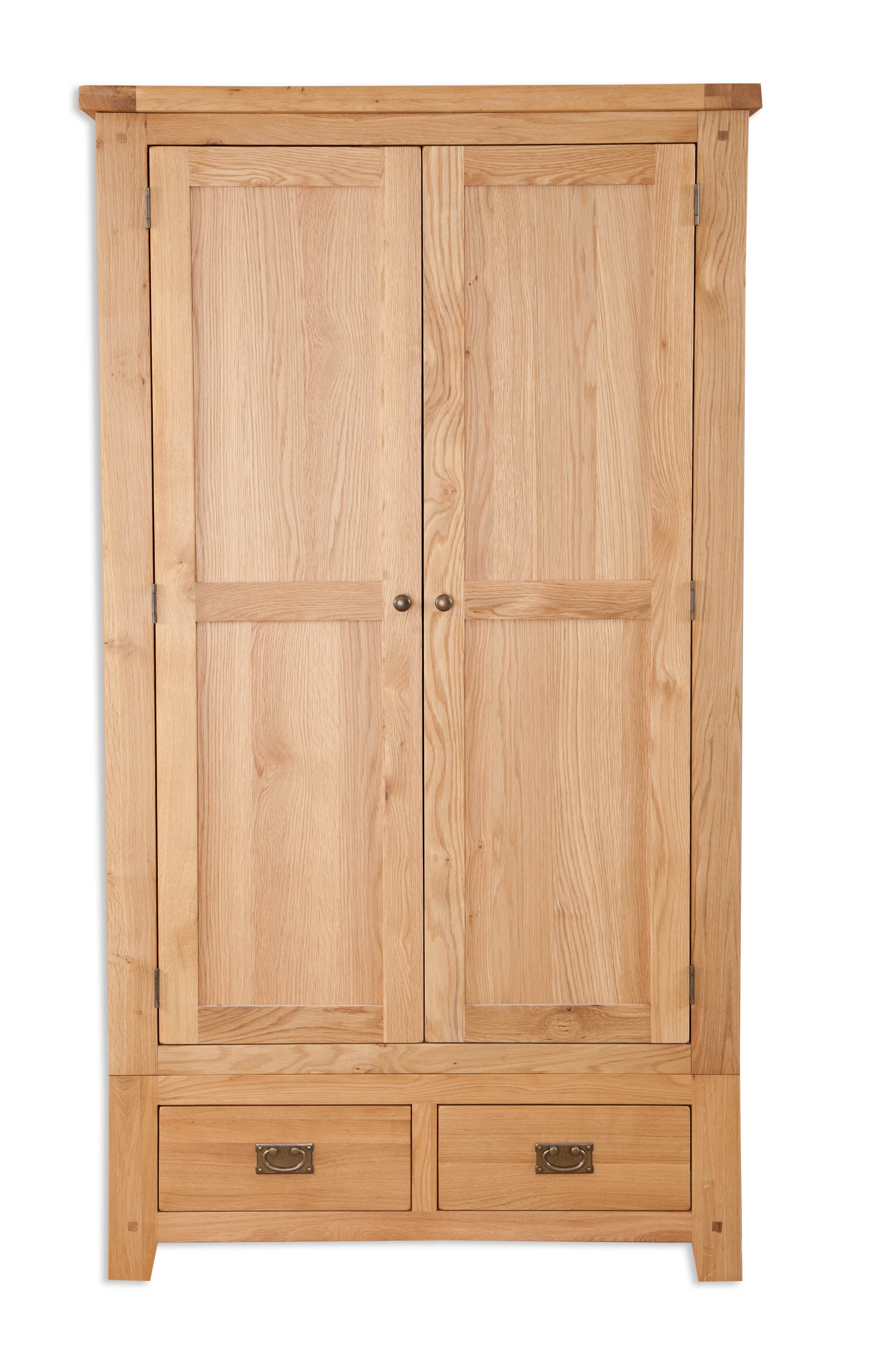 Melbourne Natural Oak double wardrobe with two drawers on a white background. Available from A Quirky Corner.
