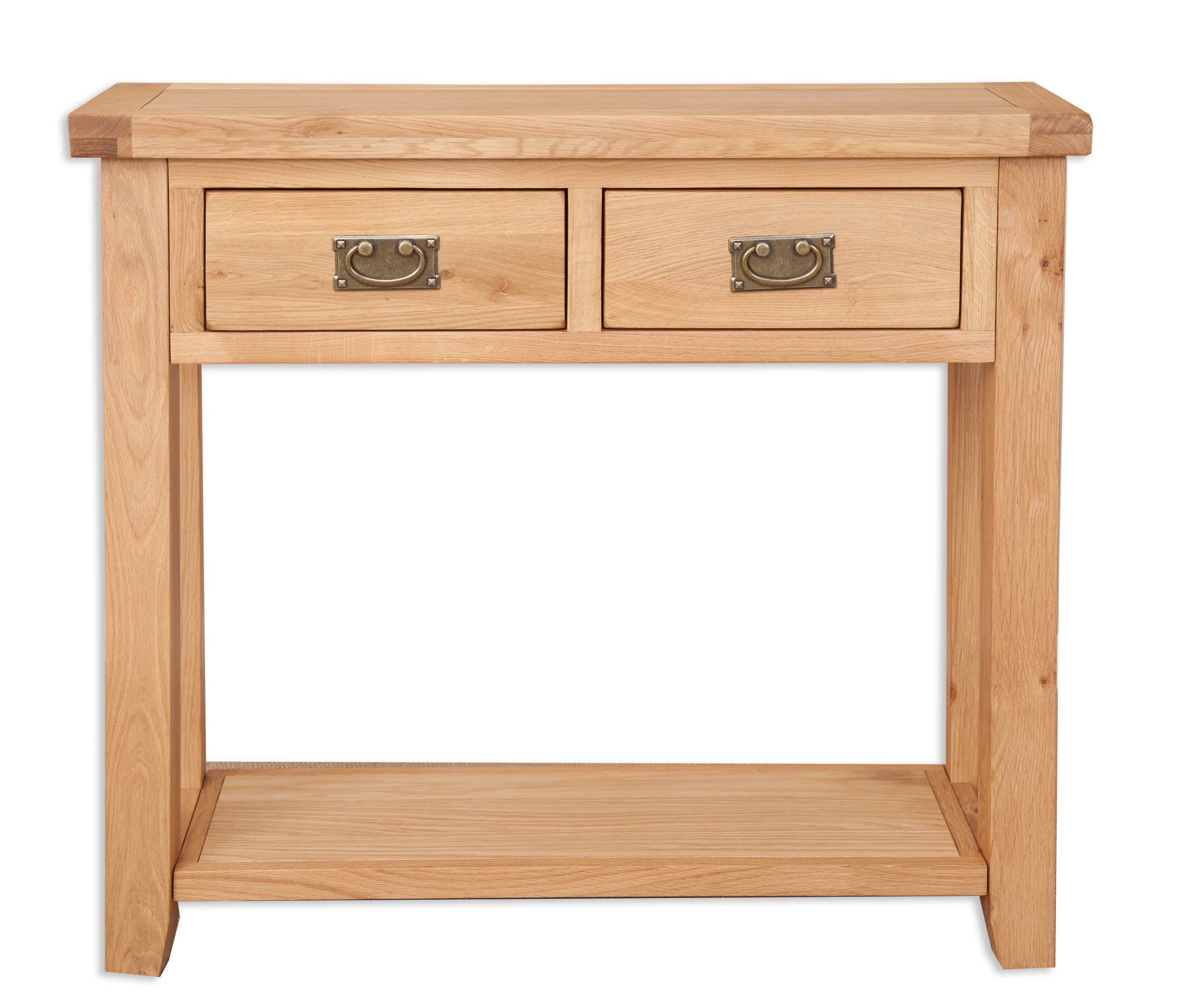 Melbourne Natural Oak console table with two drawers on a white background. Available from A Quirky Corner Banbury