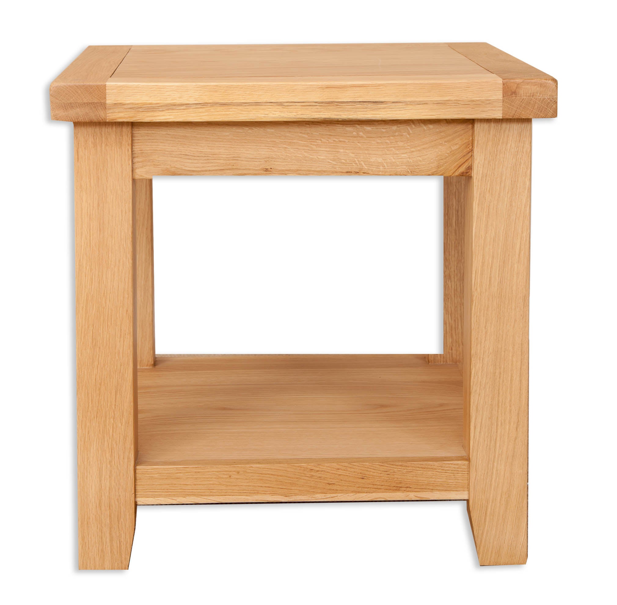 Melbourne Natural Oak side table  with a shelf on a white background. A Quirky Corner, Banbury.