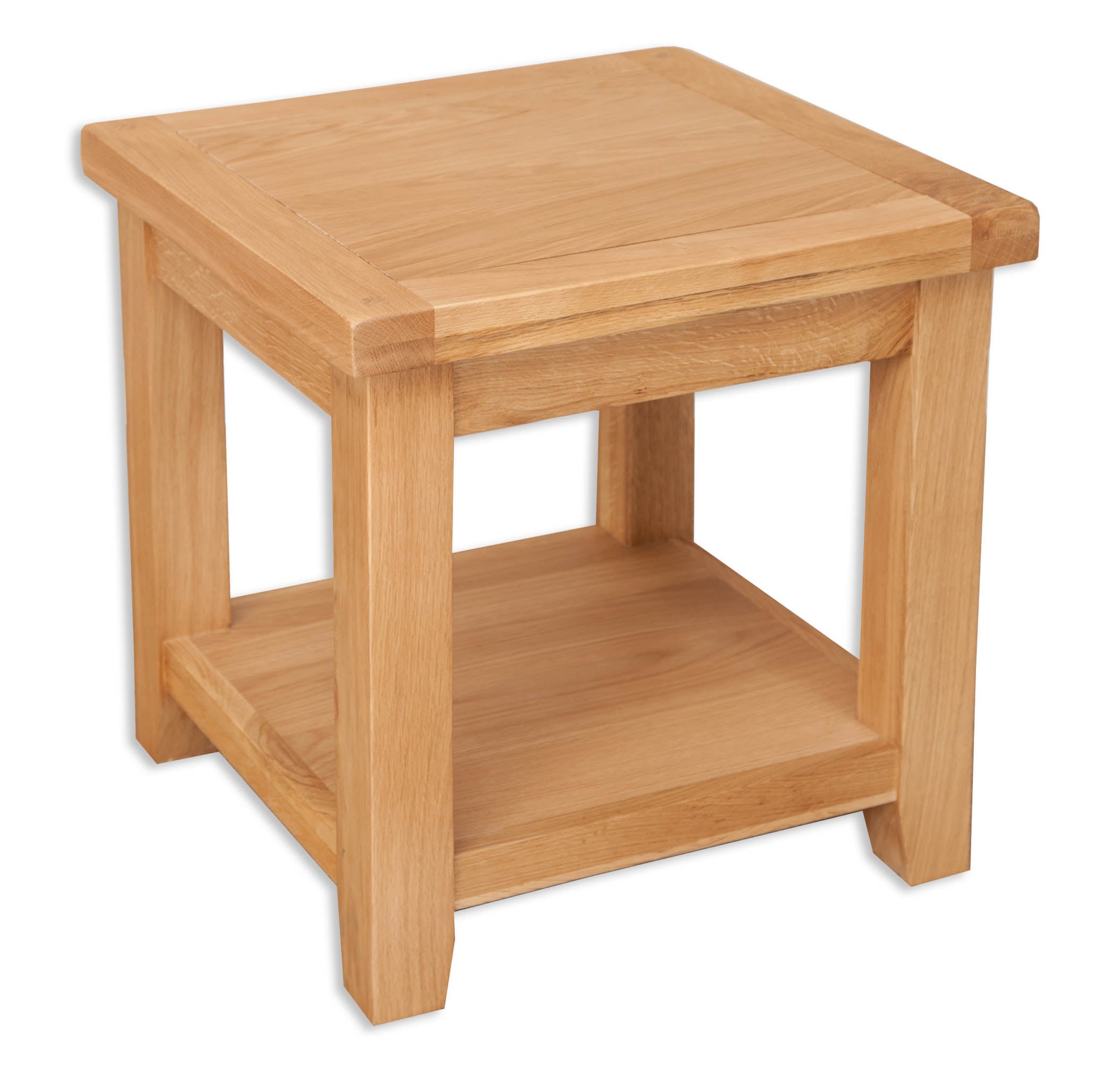 Melbourne Natural Oak side table with a shelf on a white background. A Quirky Corner Banbury.