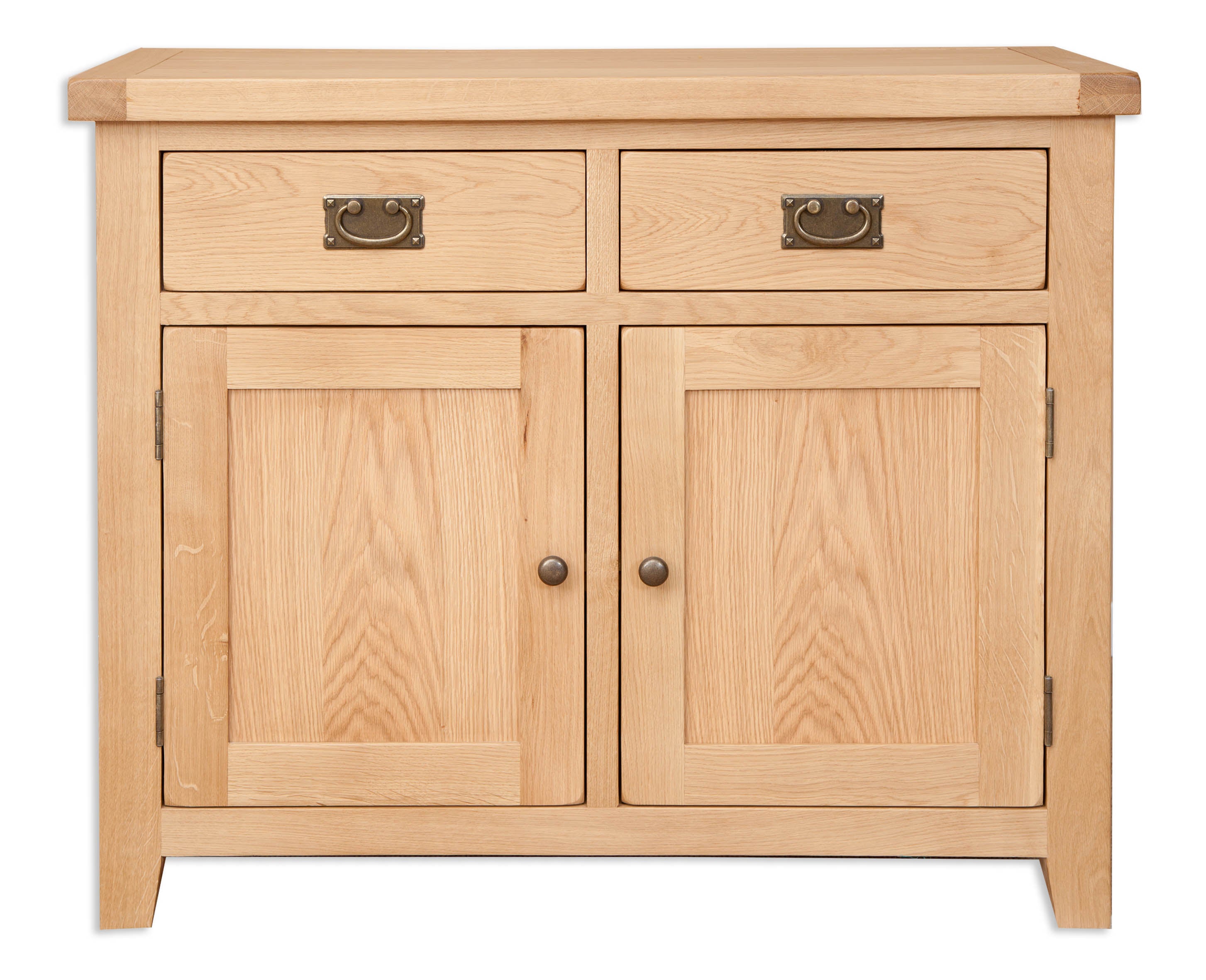 Melbourne Natural Oak sideboard with two doors and two drawers on a white background. Available from A Quirky Corner Banbury.