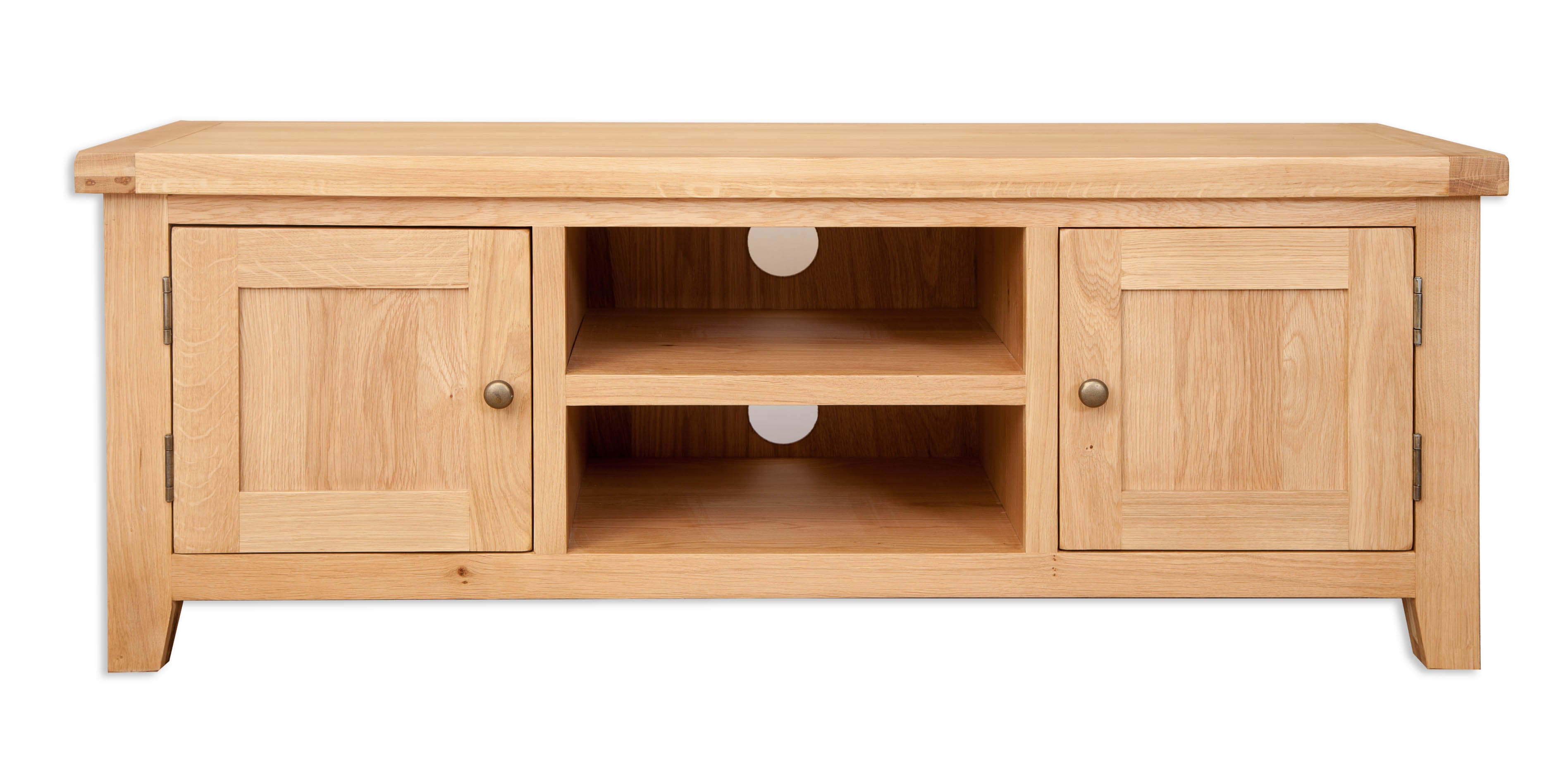 Melbourne Natural Oak TV stand with two doors and an open shelf on a white background. Available from A Quirky Corner, Banbury.