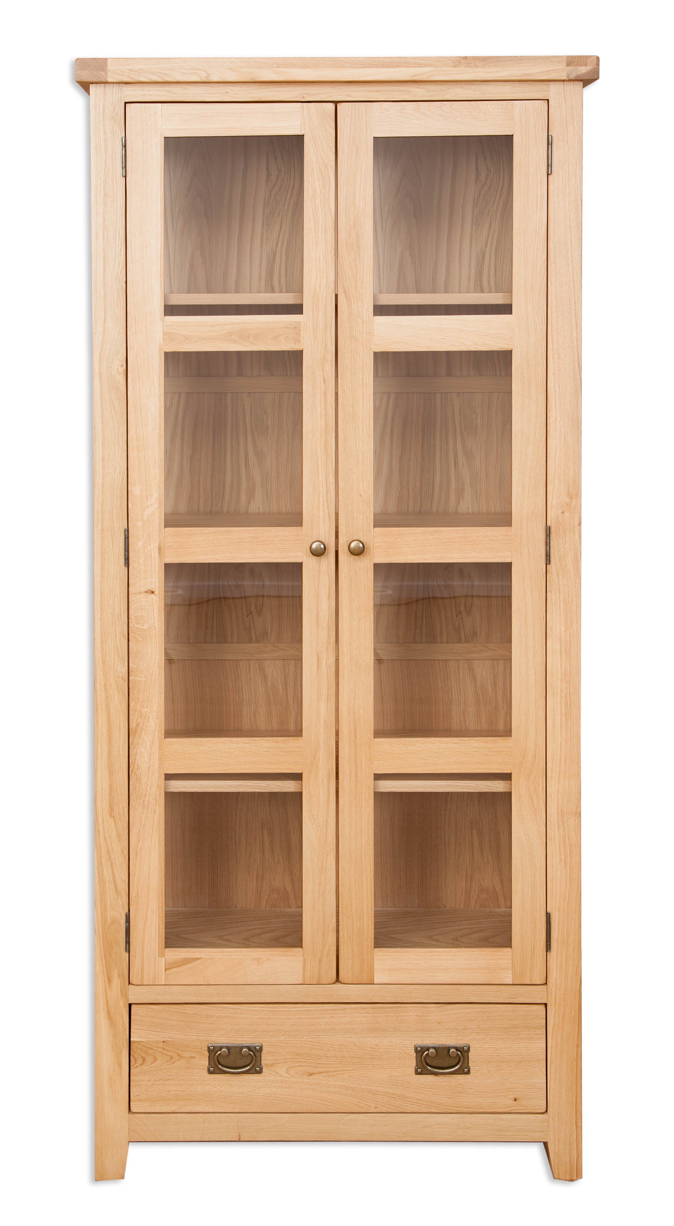 Melbourne Natural Oak tall cabinet with glass doors on a white background. Available from A Quirky Corner Banbury.