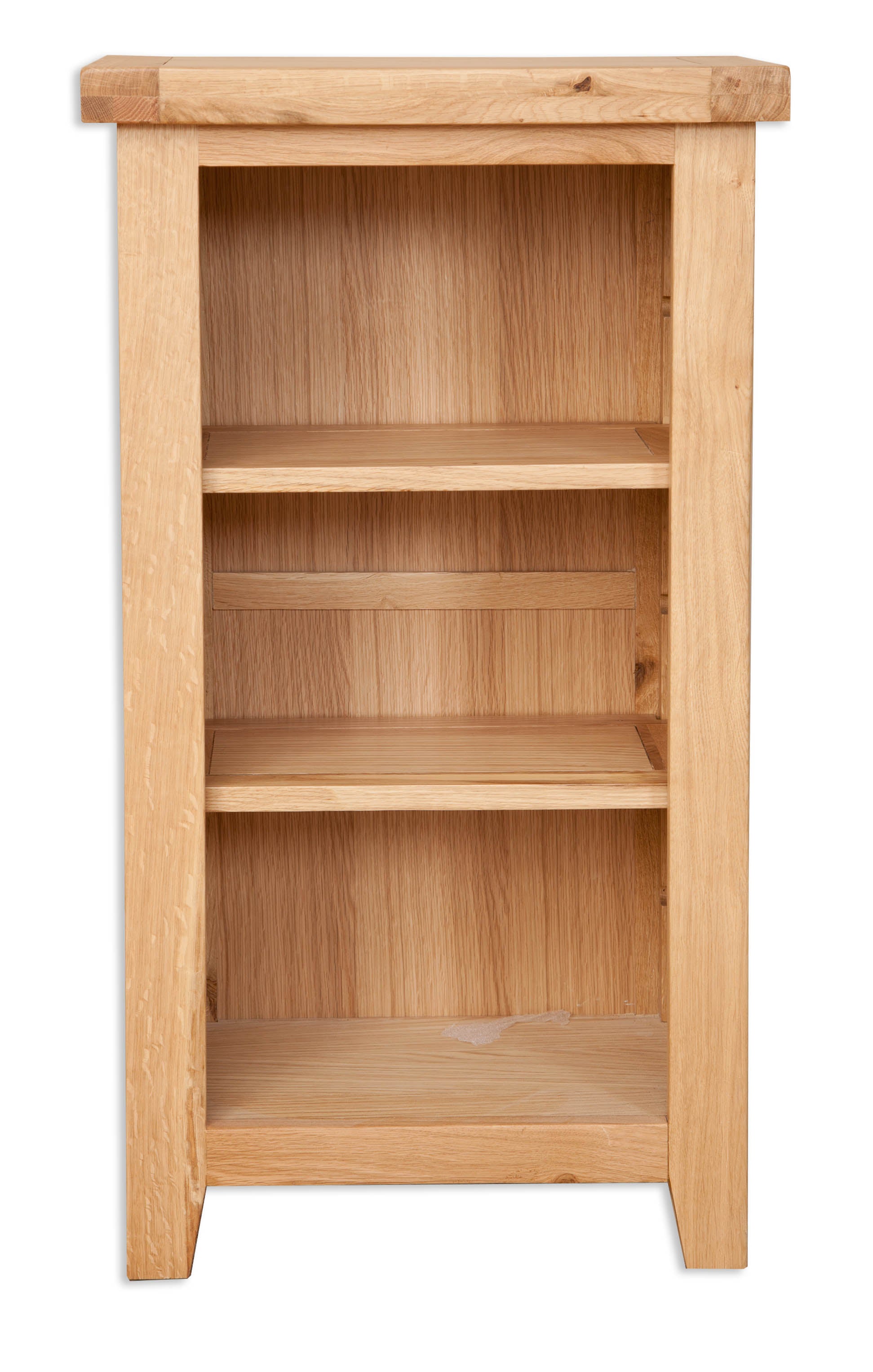 Melbourne Natural Oak small bookshelf with two shelves on a white background. Available from A Quirky Corner Banbury.,
