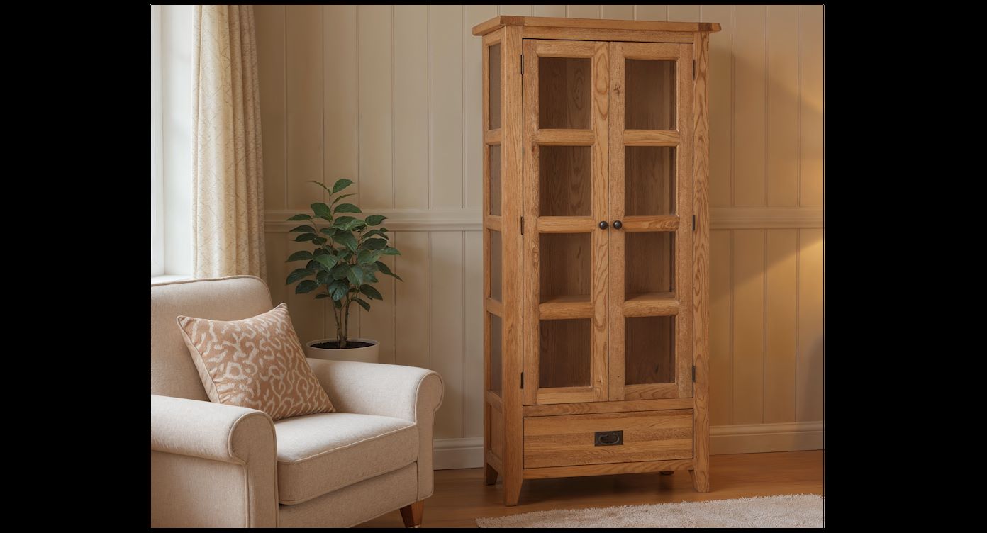 Vancouver Oak 1-Drawer 2-Door Glazed Display Cabinet