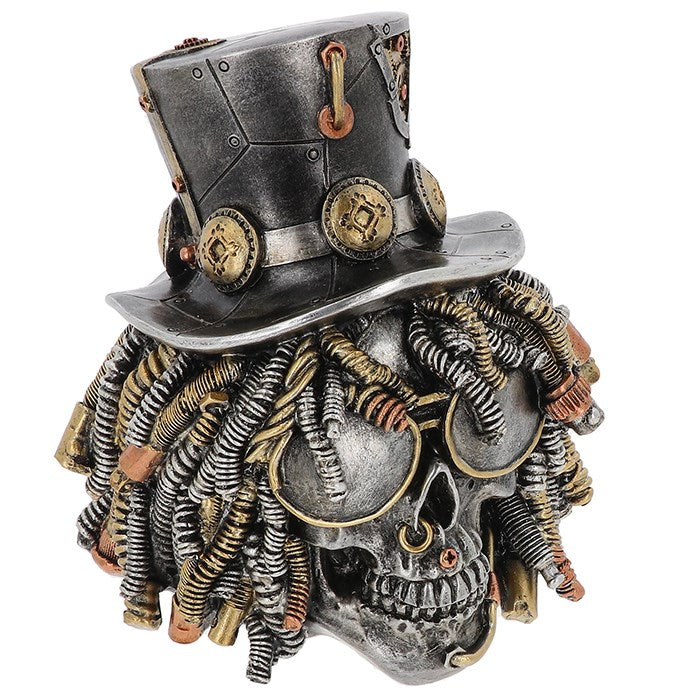 Steampunk-themed skull figurine with top hat and mechanical dreadlocks on a white background - Man Cave Decor from A Quirky Corner Banbury