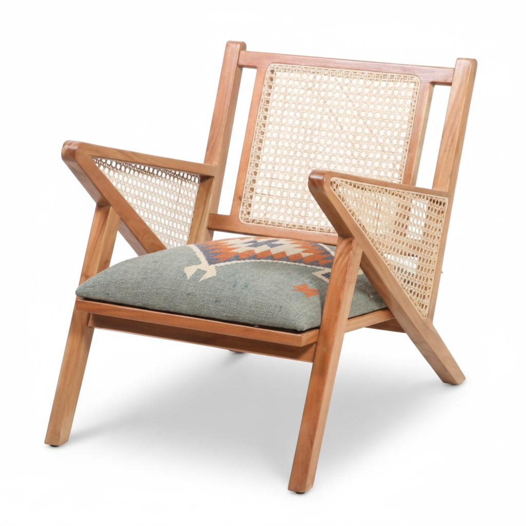 Blue Kilim Rattan Occasional Chair